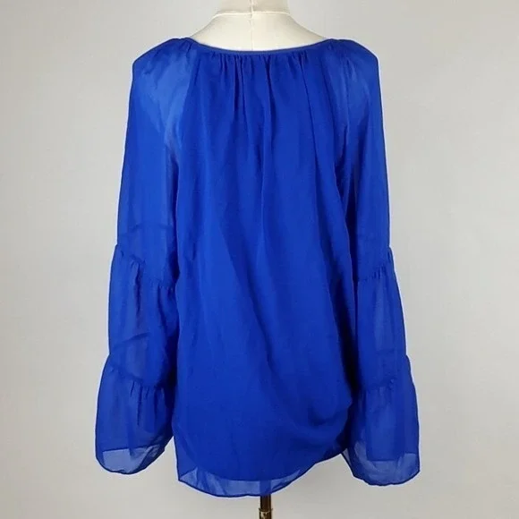JM Collection Top Womens Large Blue Solid Tiered Bell Sleeve Gauze Blouse NWT - Picture 4 of 8